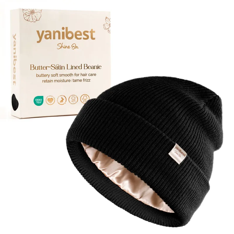 Yanibest Butter Satin Lined Knit Skull Beanie in black shown from the front