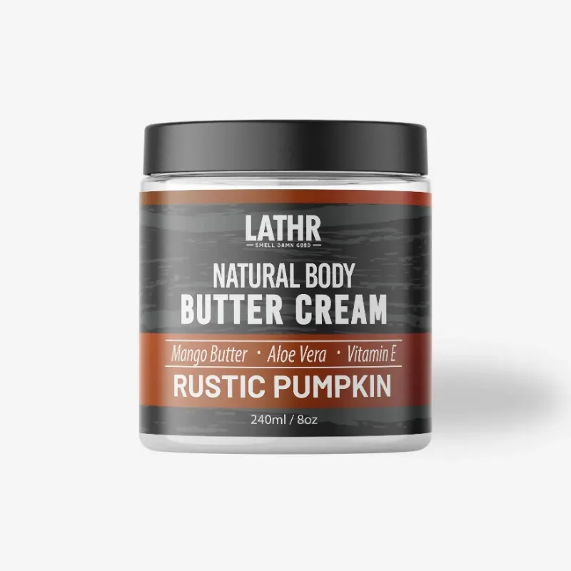 LATHR Body Butter Cream Rustic Pumpkin jar with whipped moisturizer for men