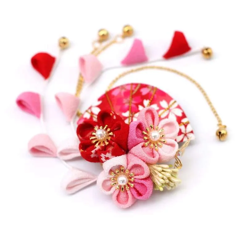 Foxtume Handmade Tsumami Kanzashi Hair Clip Red & Pink Sakura showing red and pink cherry blossom with fan ornament