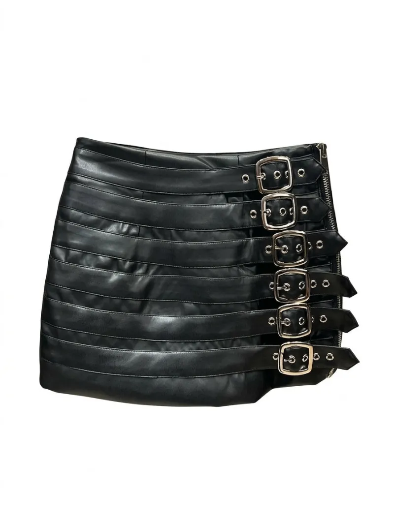 Shoptery Jirai Kei Black PU Leather Multi-Buckle Strap Mini Skirt Set with layered belt detailing