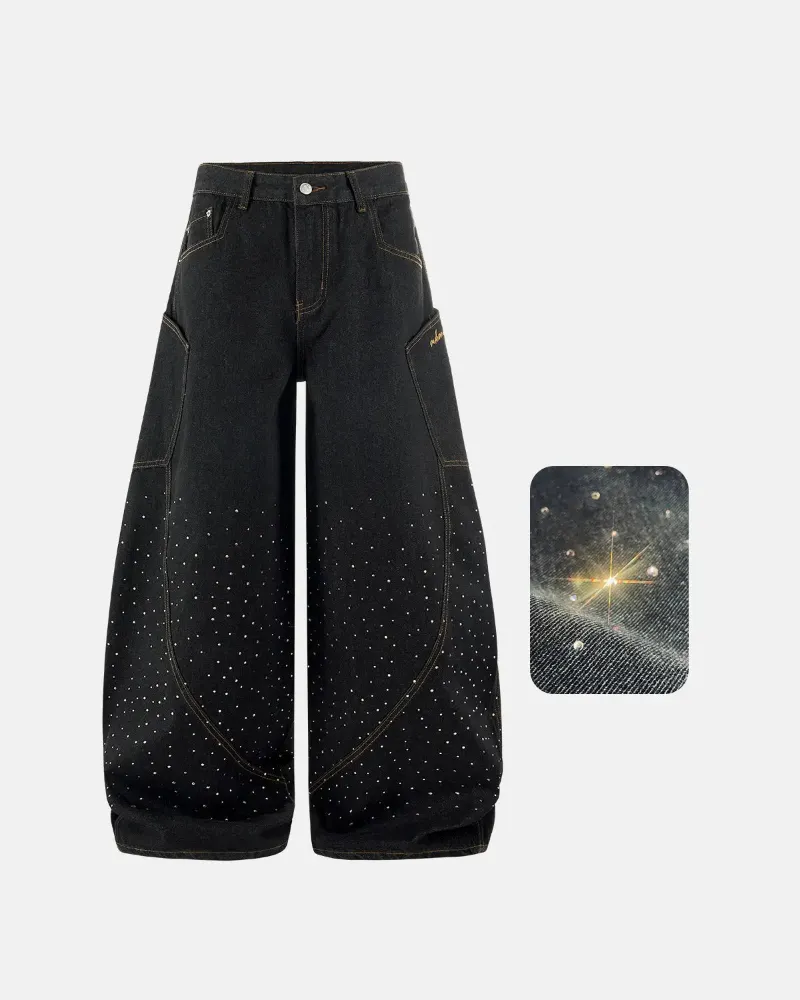 INFLATION Colorful Rhinestone Raw Barrel Jeans with embellished details and barrel cut