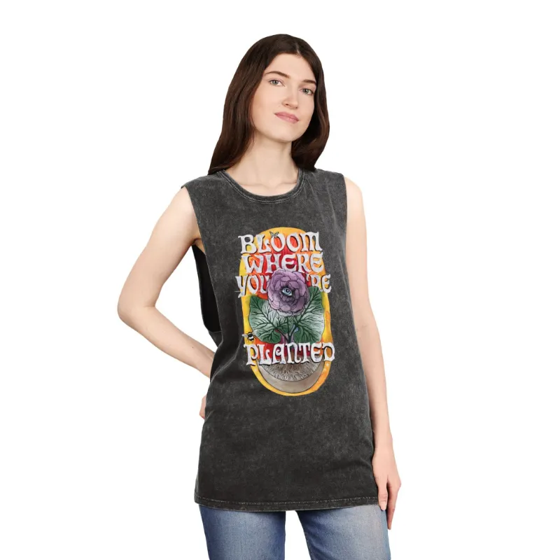 Spirit Nest Bloom Where You Are Planted unisex stonewash tank top with botanical floral print