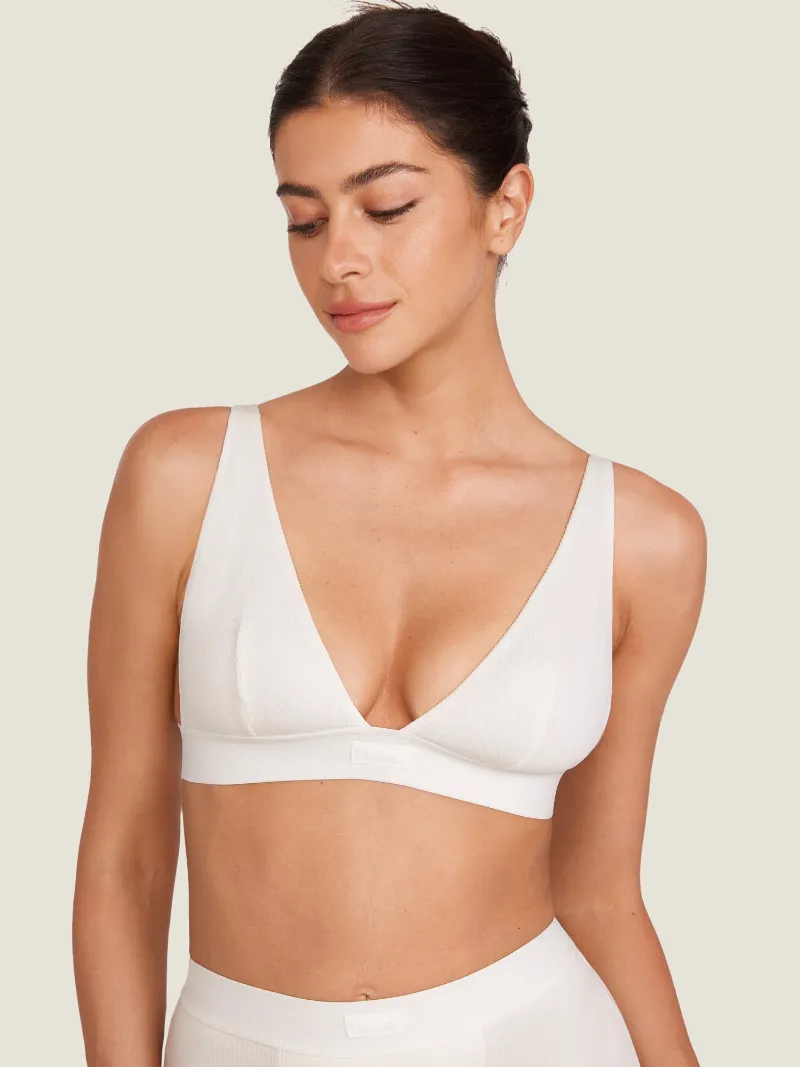 Essenther Global Cotton Ribbed Plunge Bralette with deep V neckline and adjustable straps