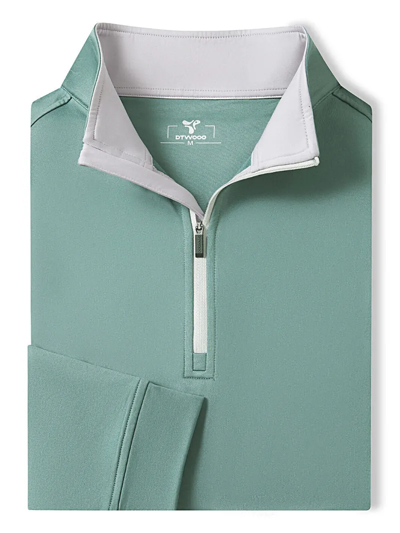 DTWOOO Solid Performance Fleece Quarter-Zip in Silver Pine green with stand-up collar and half zipper