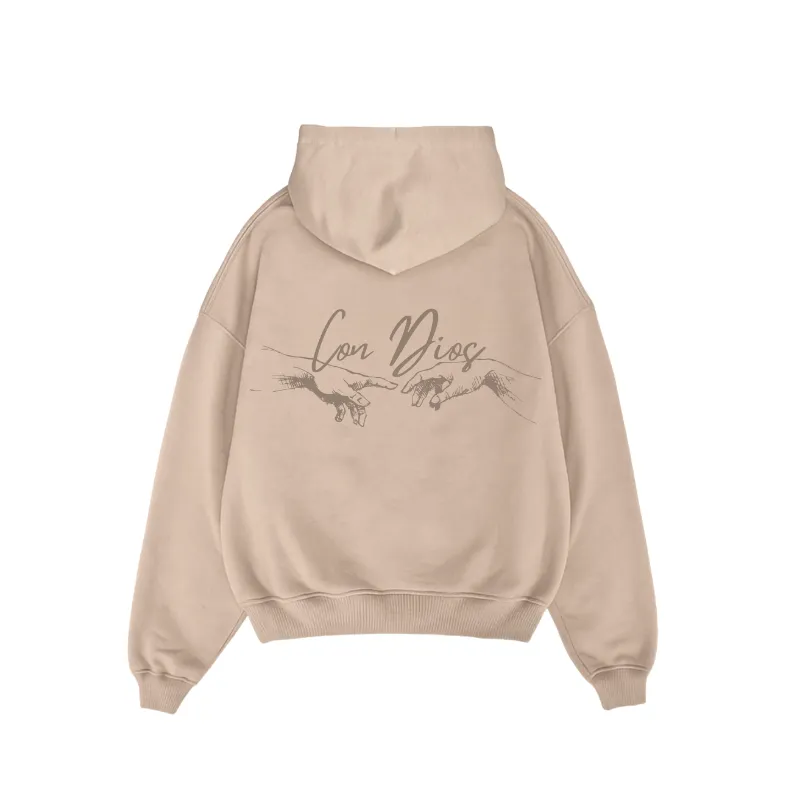 Nimodo Con Dios Hoodie in Latte Beige showing the front of a soft fleece pullover hoodie