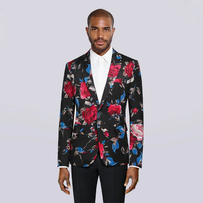 Cloudstyle C4D0077 Red Floral Print Single-Breasted Blazer in black