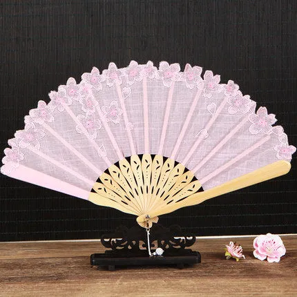 Foxtume Japanese Folding Fan Embroidery Sakura hand fan with handmade sakura embroidery cotton and bamboo