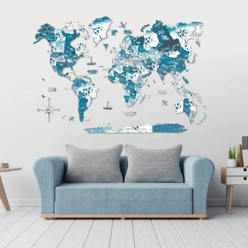 Enjoy The Wood 3D Wooden World Map Aurora in icy blue and white tones on wall