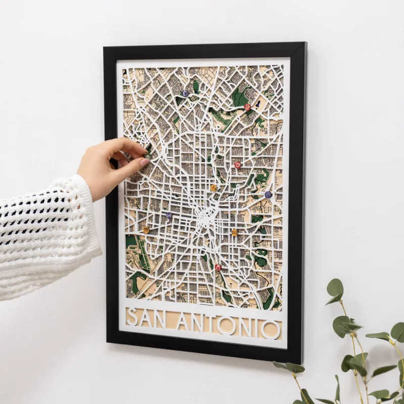 Enjoy The Wood 3D City Map San Antonio multi-layered wooden wall art showing River Walk and district layout