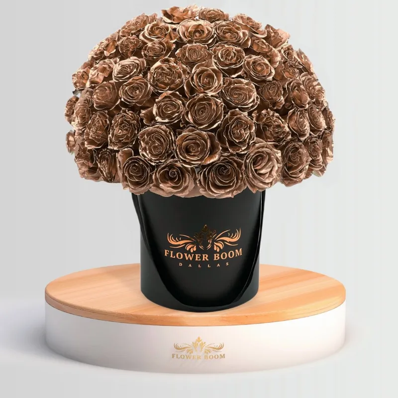 Flower Boom Dallas Rose Gold Roses in a Box with fresh rose gold colored roses in elegant boxed arrangement