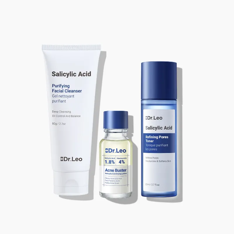 Dr Leo Salicylic Acid Acne Clear Trio set with cleanser, toner, and drying lotion bottles