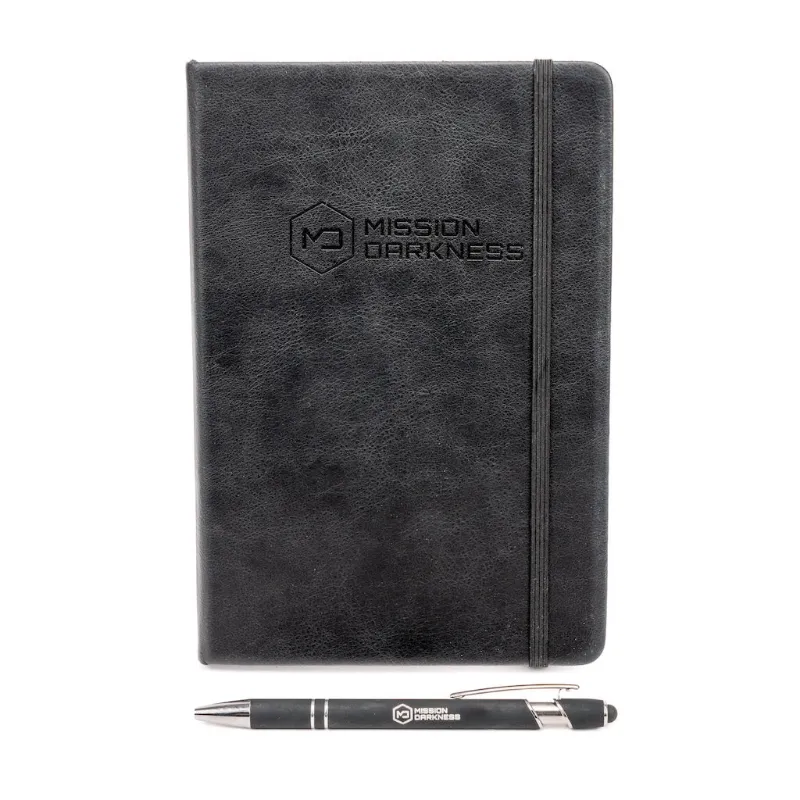 MOS Equipment Mission Darkness Executive Notebook & Stylus Pen Set, black notebook with embossed logo and matching pen