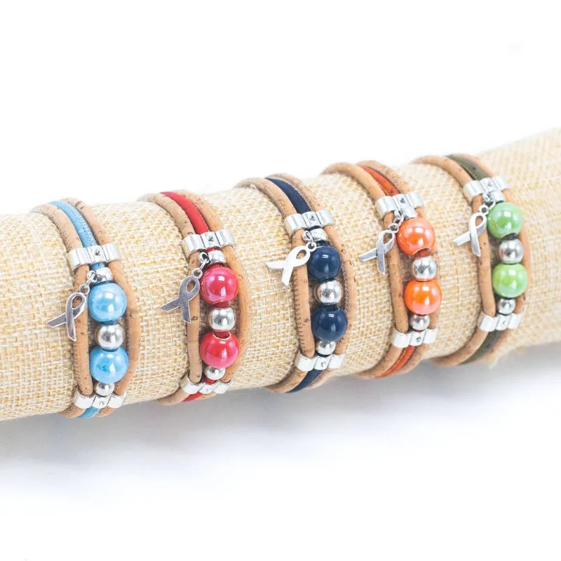 Corkadia Beaded Handmade Cork Bracelet BR-422-MIX-5 shown on a neutral background, cork cord strands with ceramic beads
