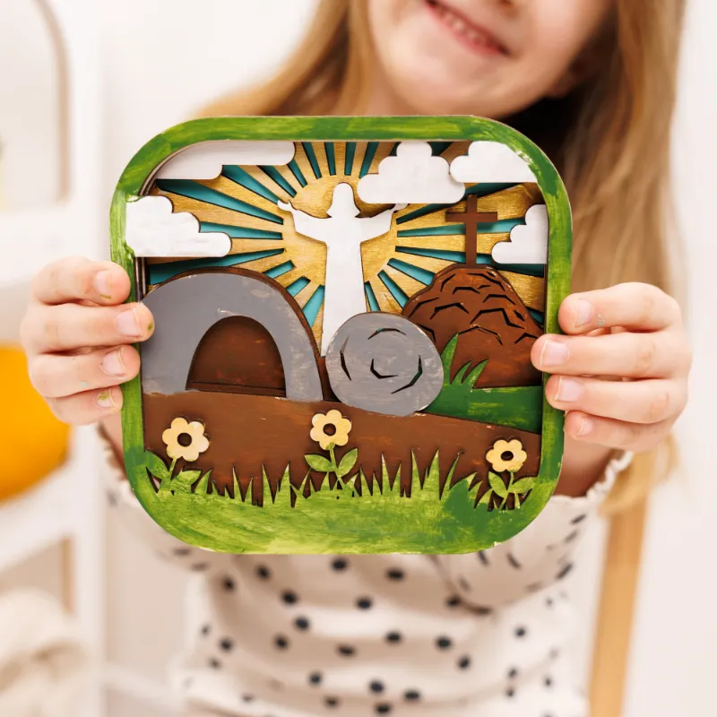 Enjoy The Wood 3D DIY Wood Painting Kit for Kids He Is Risen with wooden cross scene