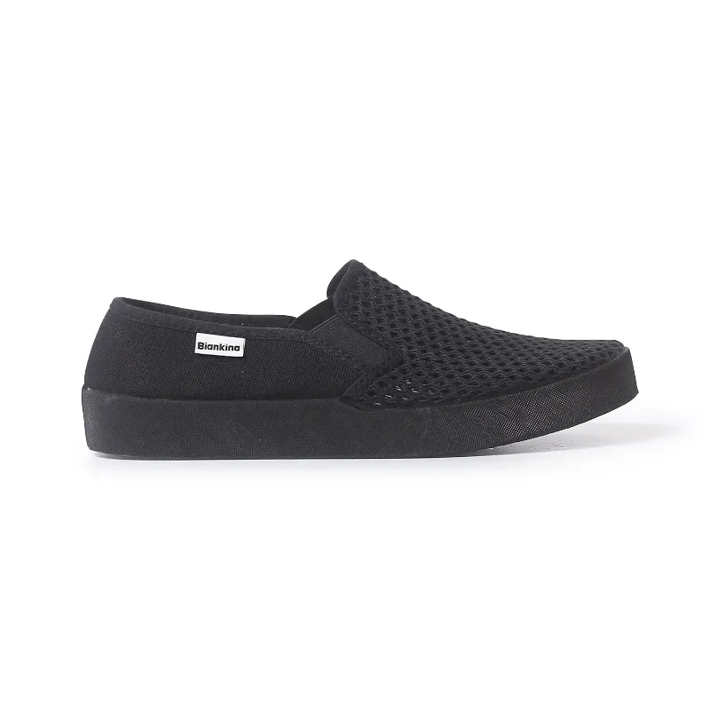 BIANKINA Barcelona Breathable Mesh Cotton Canvas Slip Ons in black showing vegan sneaker with organic cotton upper