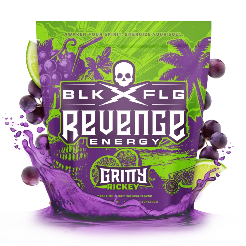 BLK FLG Revenge Energy Bag shown standing, energy powder pouch