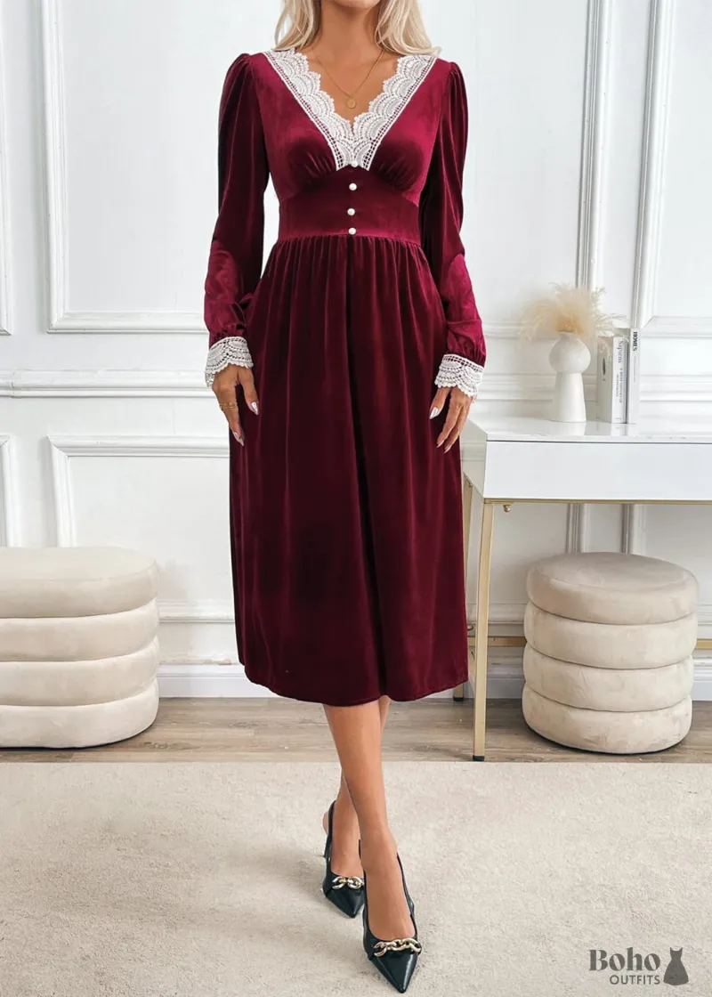 Boho Dress Autumn And Winter Party Velvet Contrast Color Dress, a burgundy velvet lace-trimmed dress on a model