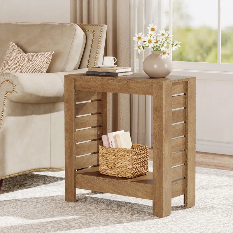 Tribesigns 2-Tier Side Table with wood grain finish and decorative slatted sides