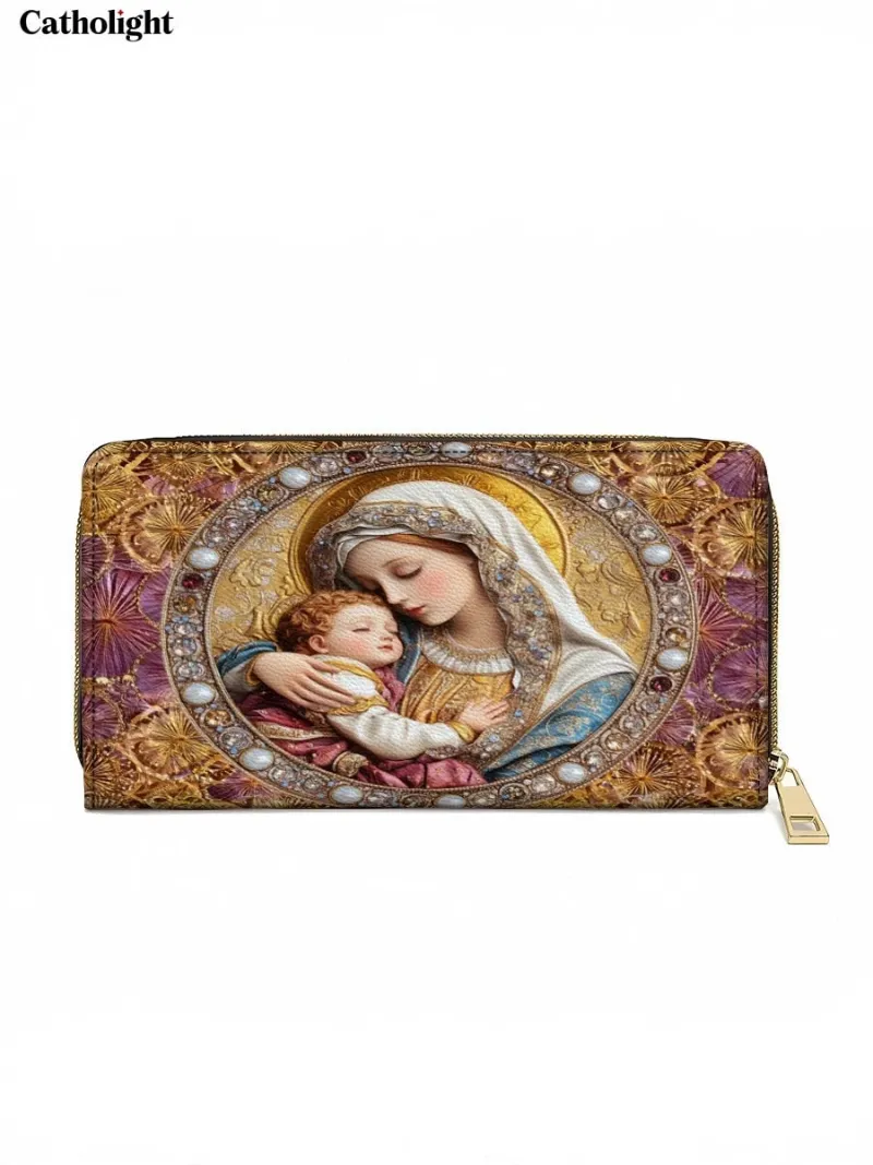 Catholight Divine Madonna And Child Leather Wallet Purse with religious artwork and gold frame