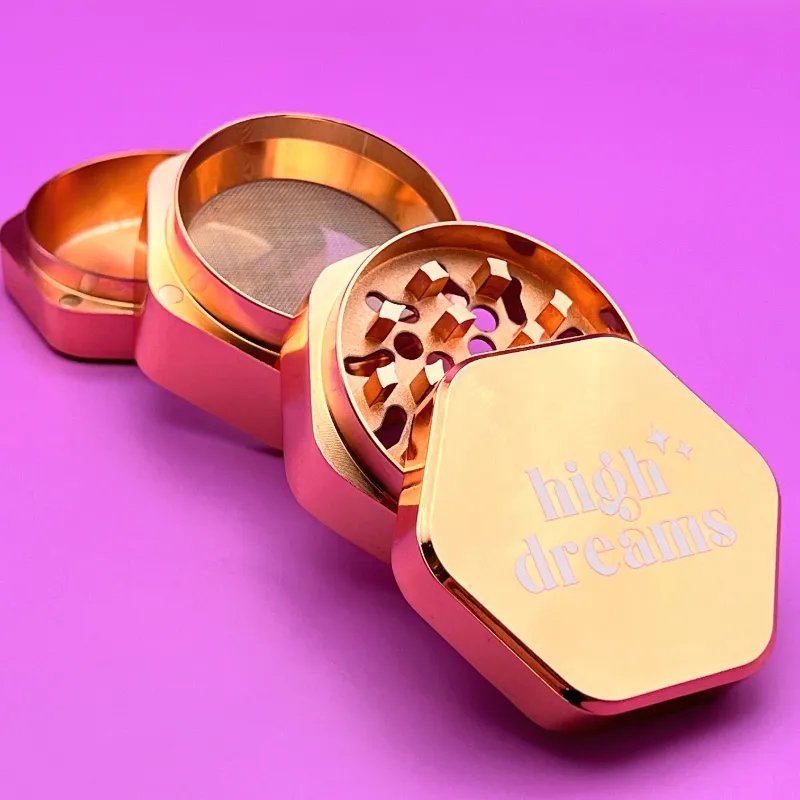 High Dreams Rose Gold Grinder, 2 inch rose gold herb grinder with magnetic closure
