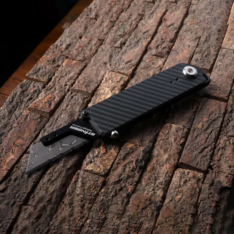 The Stinger Tools Frame Folder Utility Knife, aluminum handle opened to show blade and glass breaker
