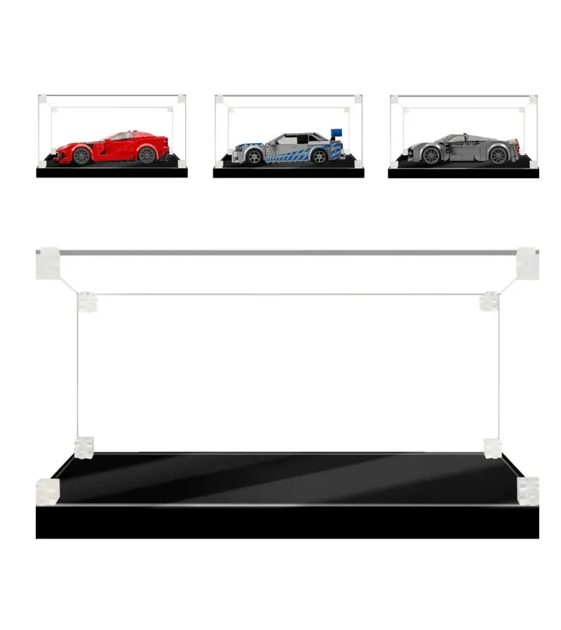 ICUANUTY 2PCS Spliced Acrylic Display Case for LEGO Speed Champions Super Car, clear acrylic two-piece case shown front view