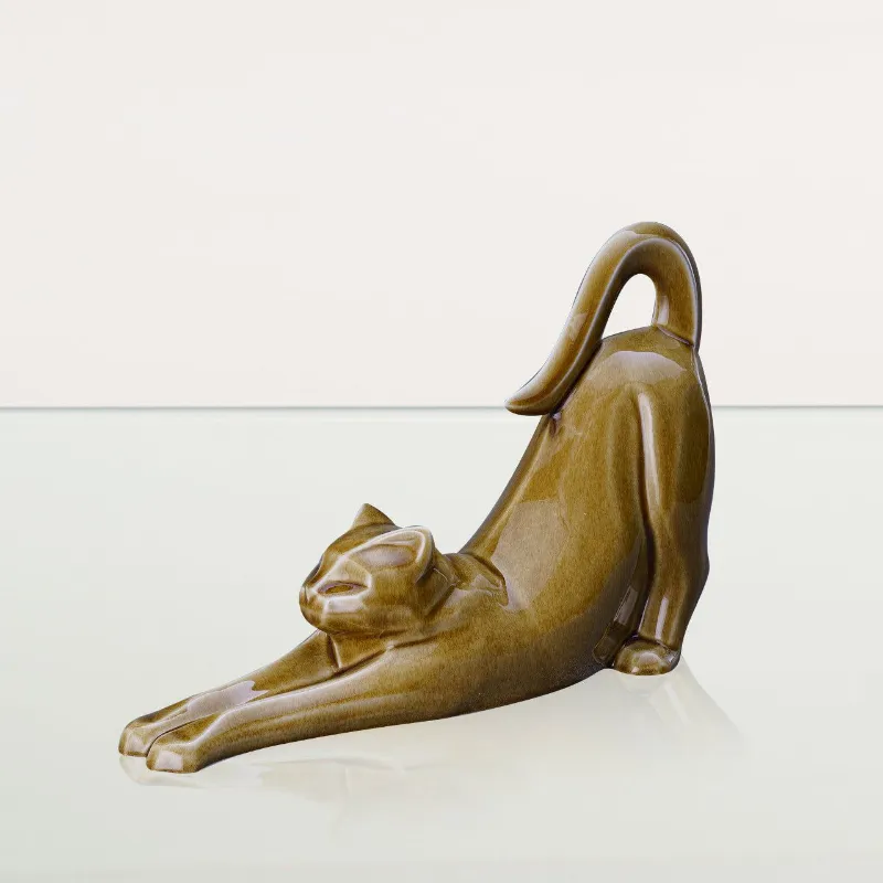 Pulvis Art Urns Grace Cat Cremation Urn in dark sand ceramic with stretching cat pose