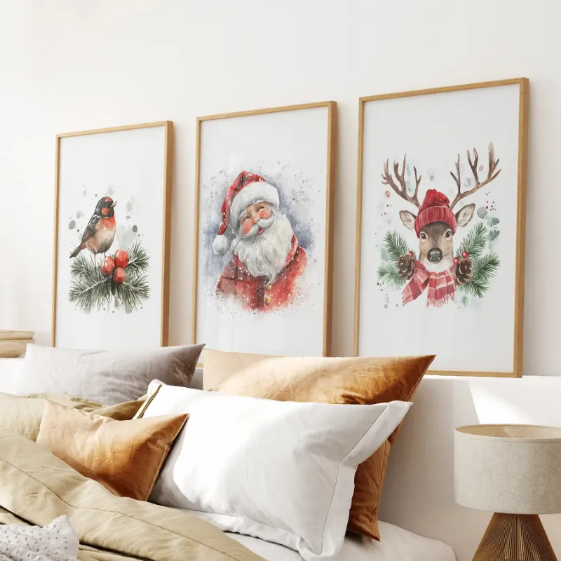 Wall Art Set Christmas Print with Santa, reindeer, and robin watercolor