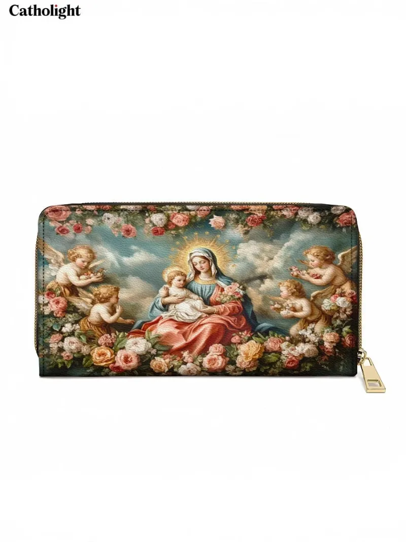 Catholight Halo Of Roses Leather Wallet Purse showing Virgin Mary and Child Jesus with roses