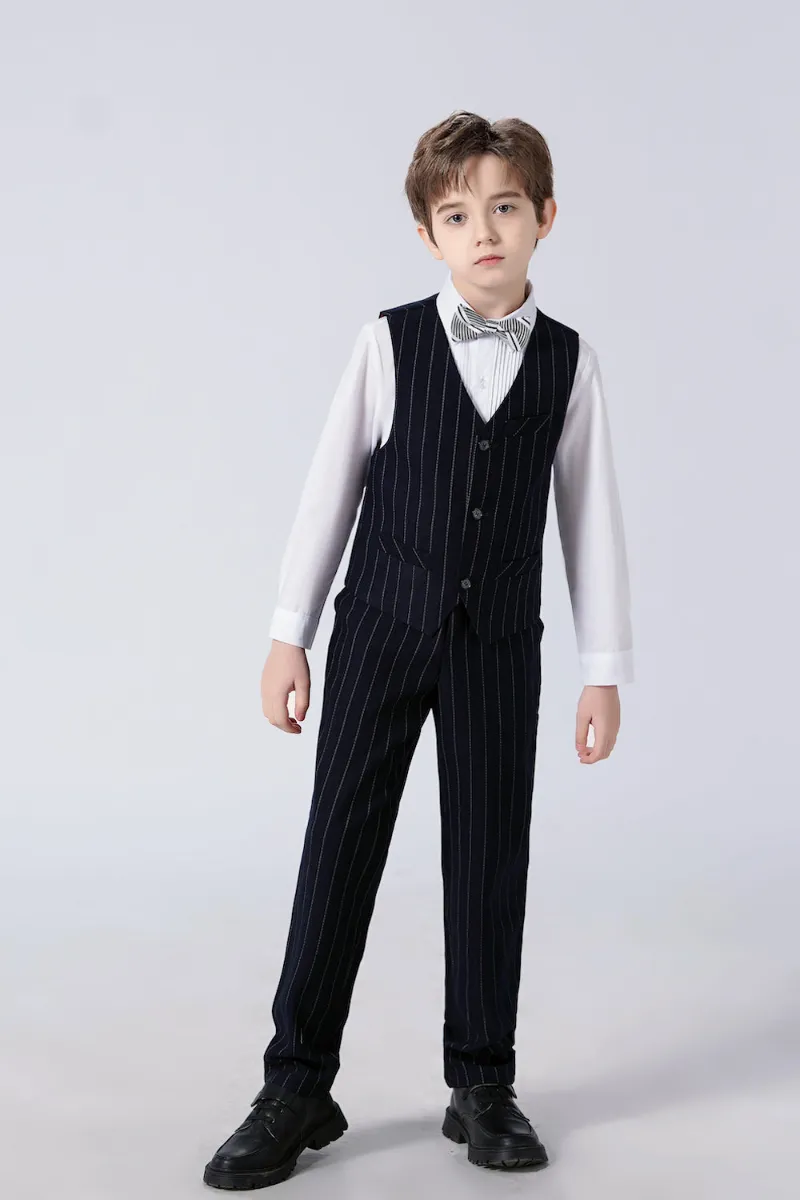 Wehilion Black Striped Modern 4 Piece Boy's Formal Suits, pinstripe tuxedo-style suit set for boys
