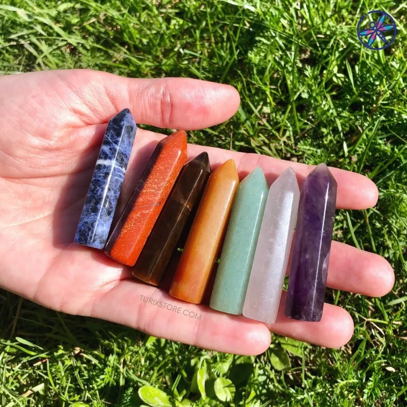 Turix 7 Chakras Crystal Points Set with seven polished natural crystal points displayed with gift box