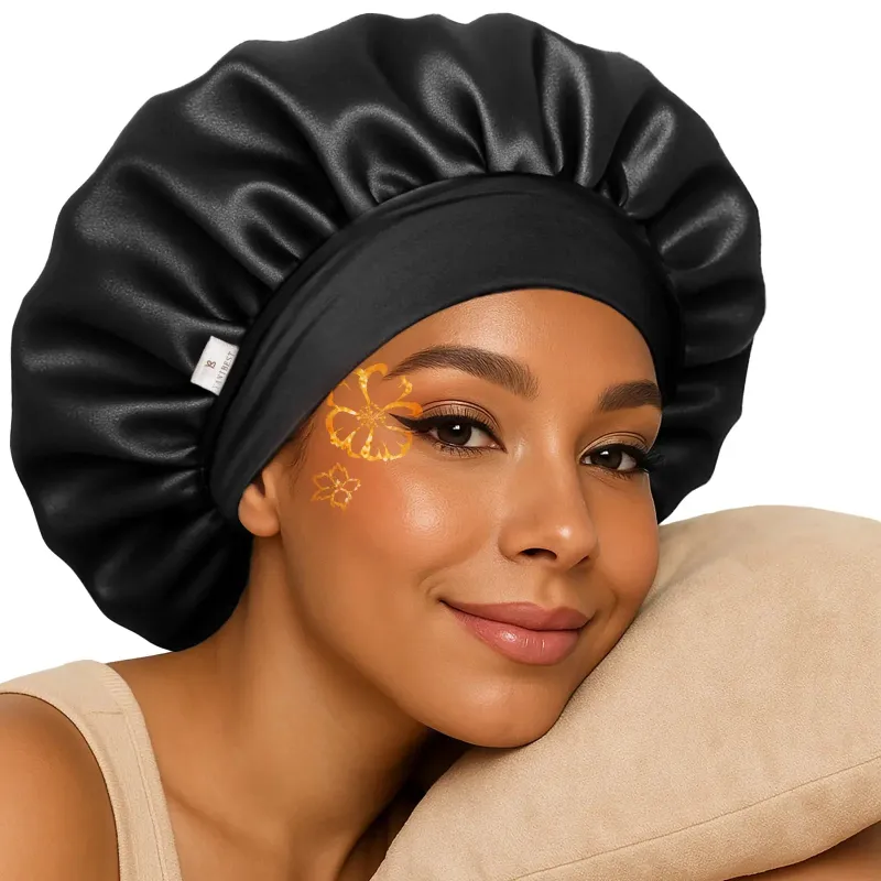 Yanibest Silk Butter Satin Bonnet in black with wide double layer band