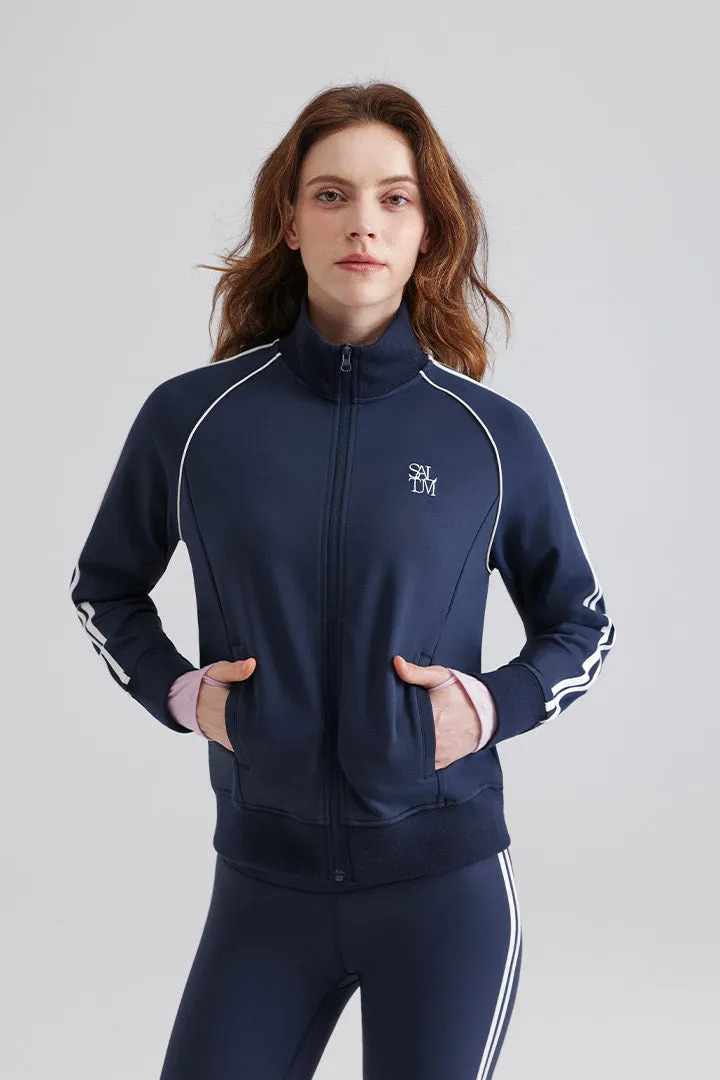 SALTUM Fleece-Lined Stand Collar Bomber Jacket with contrast piping and athletic stripe details