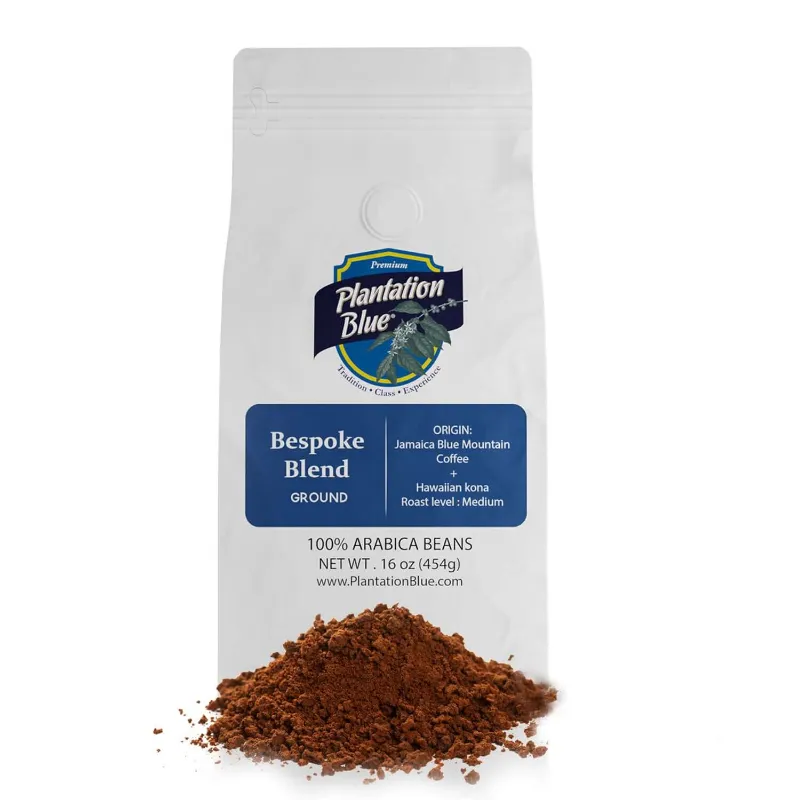 Plantation Blue Coffee Bespoke Blend Jamaica Blue Mountain and Hawaiian Kona 16oz ground coffee