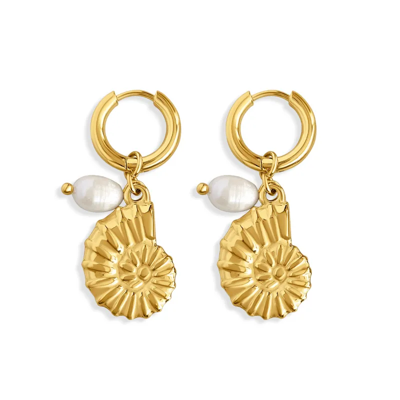 DORSYA Athena Ammonite Hoops with Pearl Charm featuring shell design and natural pearl