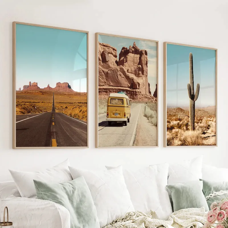 Wall Art Set Arizona Desert Travel Art showing Grand Canyon, retro van and cactus