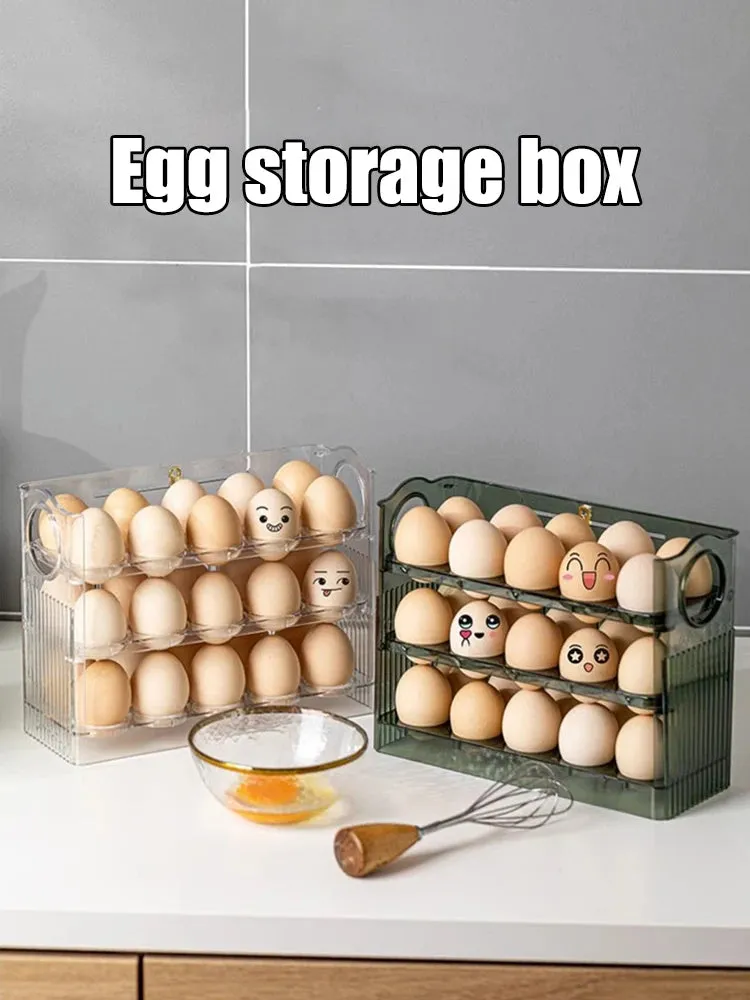 Kicklo 3-layer Flip Egg Storage Box with transparent trays holding eggs in refrigerator