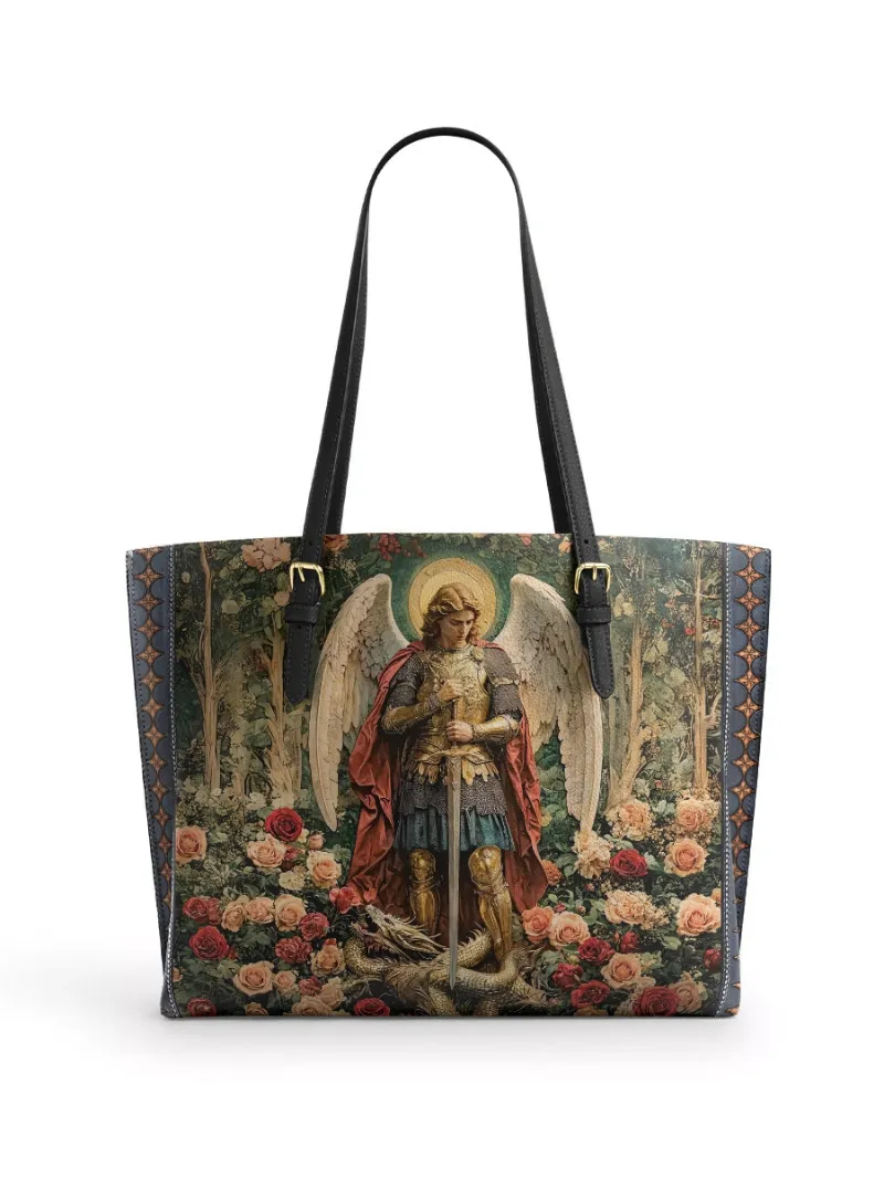 Catholight Archangel's Triumph Leather Tote Bag with spacious design and sacred artwork