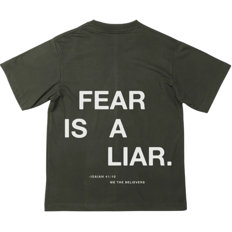 We The Believers Fear Is A Liar T-Shirt showing a heavyweight cotton tee with faith-based message