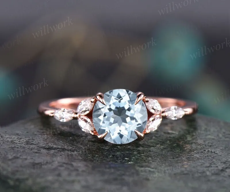 WillWork Jewelry 1ct round cut aquamarine engagement ring with moissanite band