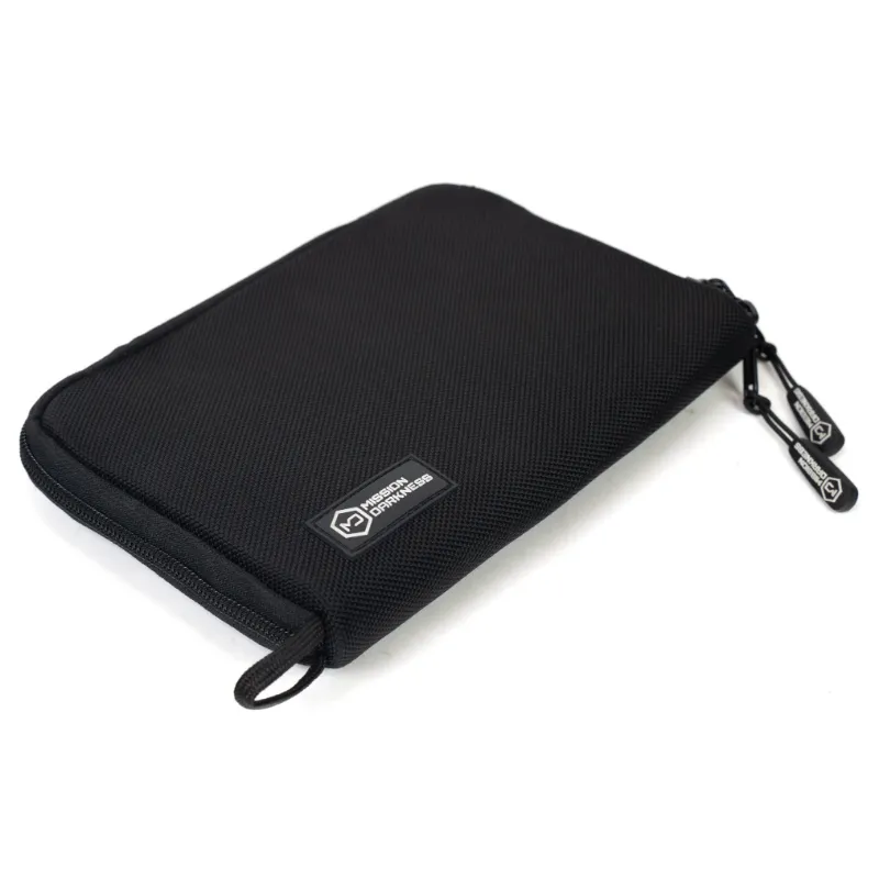 MOS Equipment Mission Darkness Mojave Faraday Phone Bag black travel case opened showing sleeve and pockets