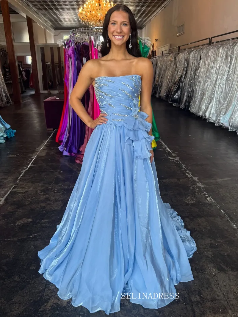 Selinadress A-line Light Sky Blue Strapless Long Prom Dress Evening Dress With Beading TKL621 formal gown
