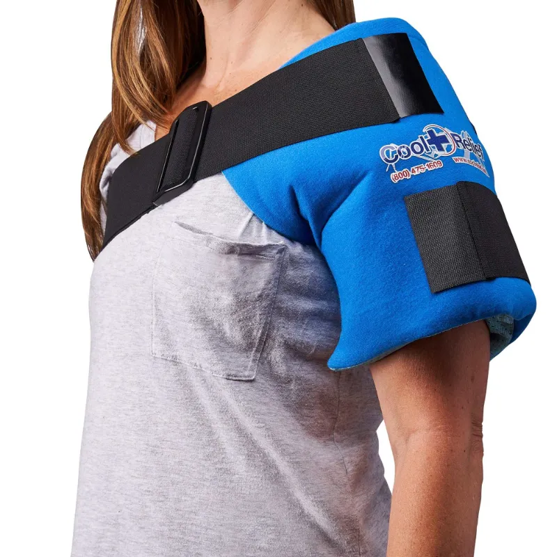 Cool Relief Soft Gel Shoulder Ice Wrap on a shoulder with adjustable straps