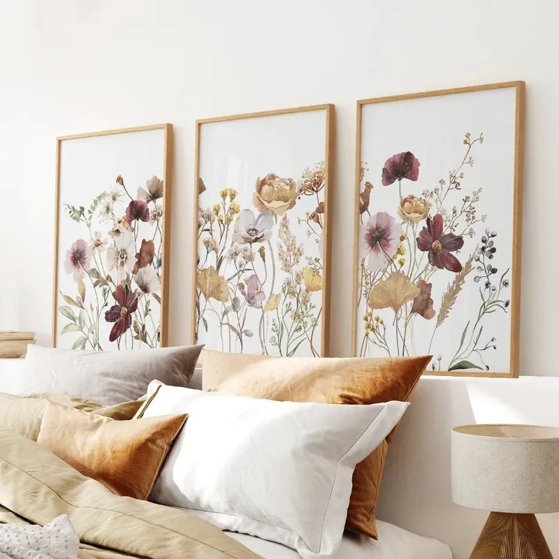 Wall Art Set 3 Piece Brown and Red Wildflower Wall Art Set with watercolor floral prints