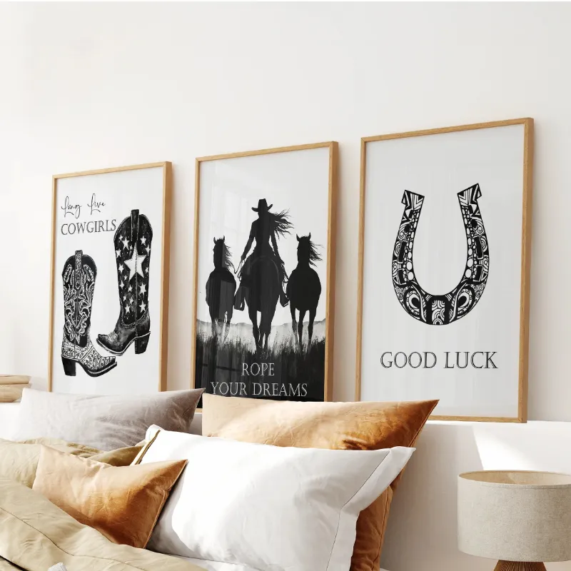 Wall Art Set Black White Western Cowgirl 3 Piece Art showing boots, horseback silhouette, and horseshoe designs