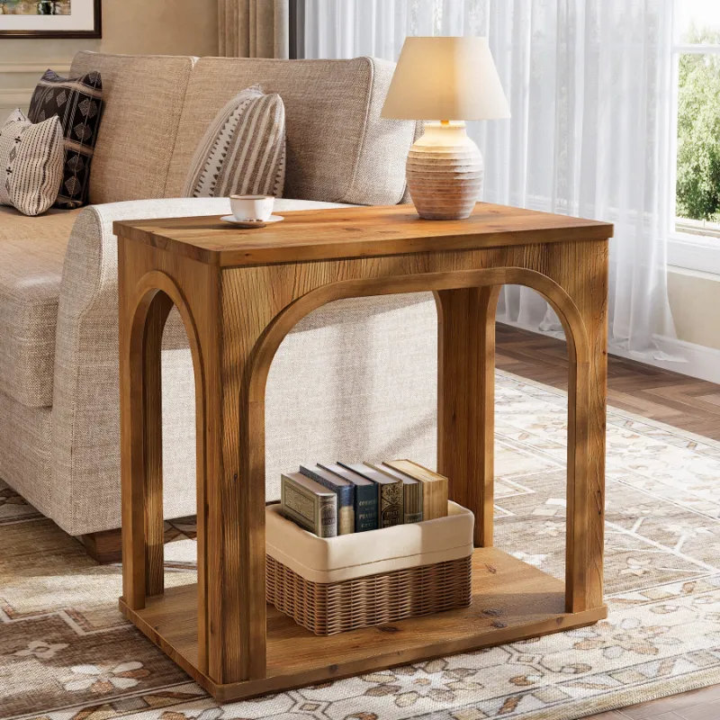 Tribesigns 25-inch solid wood farmhouse side table with arched design and bottom shelf