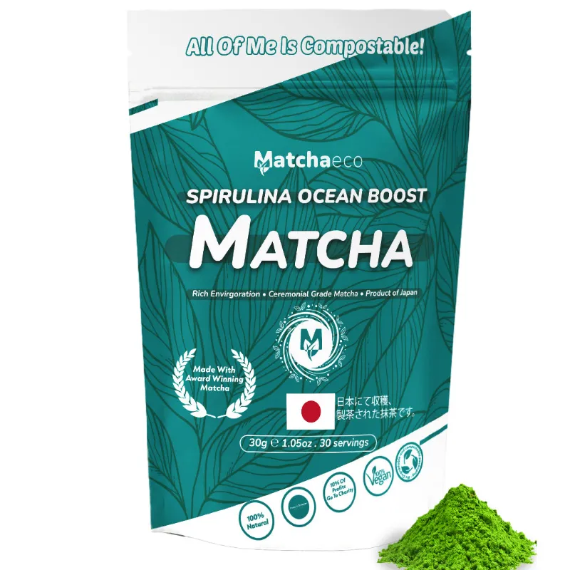 Matchaeco Spirulina 'Ocean Boost' Matcha, a 30g compostable pouch of spirulina matcha powder
