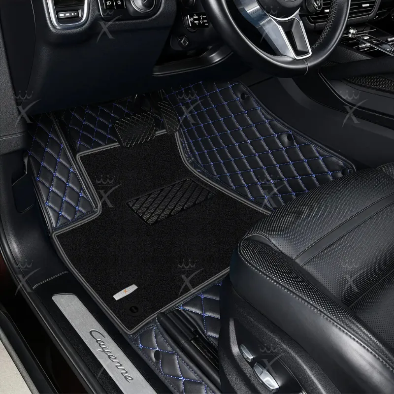 Luxus Car Mats double layer floor mat, black base, blue stitching, black top carpet