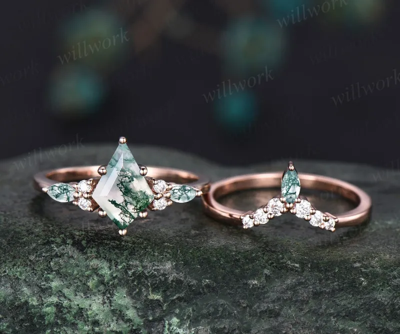 WillWork Jewelry kite-cut moss agate engagement ring set with marquise and round accents