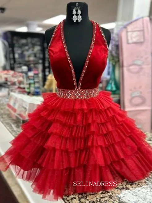 Selinadress A-line Halter V neck Beaded Short Prom Dress Red Homecoming Dresses, red beaded halter dress